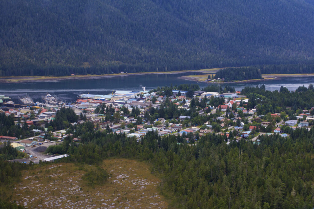 Wrangell Narrows aerial photo with Petersburk AK buildings